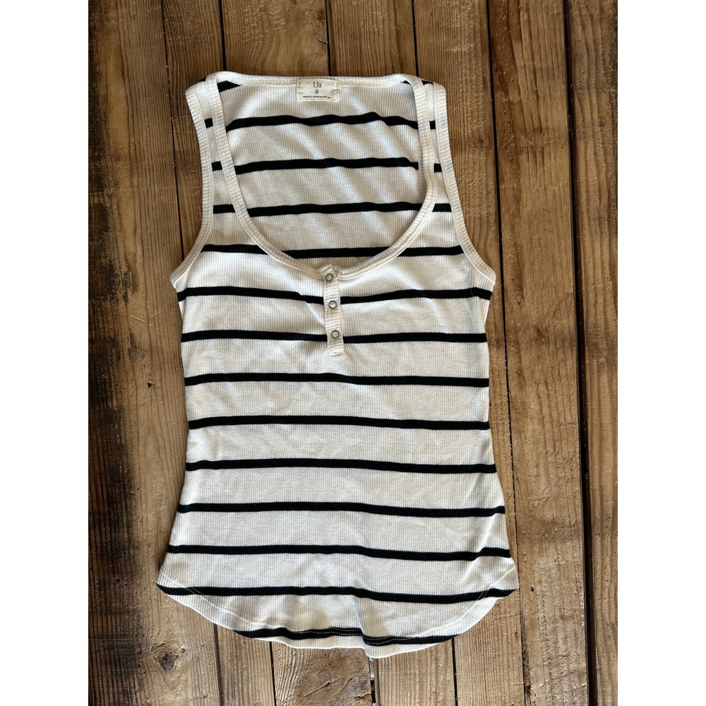 Anthropologie t.la Striped Henley Tank Top White Black Ribbed Sleeveless XS